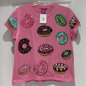QUEEN OF SPARKLES Pink Tee with Sequin Donuts